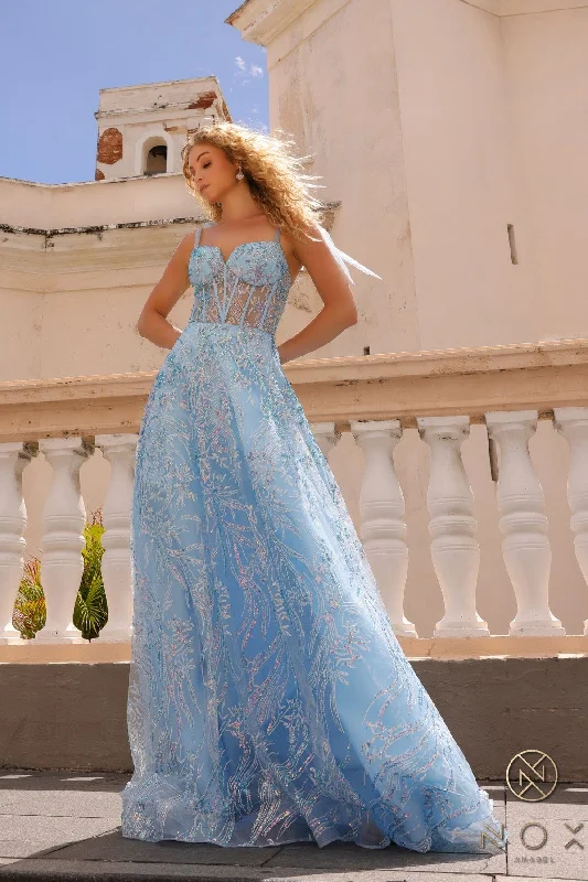cocktail dresses with layered tulle skirts for volume --Glitter Print Sleeveless Corset A-line Gown by Nox Anabel T1336