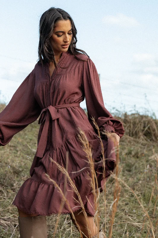Spring dresses for vacation with an easy-to-wear style -Pierce Long Sleeve Mini Dress - Dark Wine