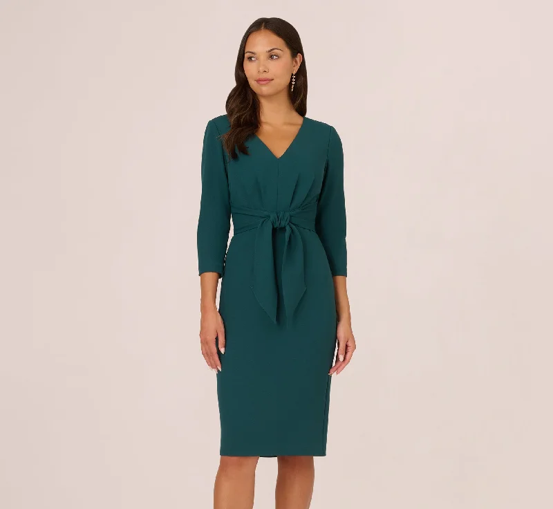 Spring dresses for a bridal shower with elegant designs -Three Quarter Sleeve Pleated Midi Dress With Tie Waist In Hunter