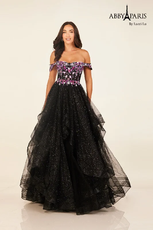 cocktail dresses with long sleeves for cooler weather --Off Shoulder A-line Ruffled Gown by Abby Paris 90317