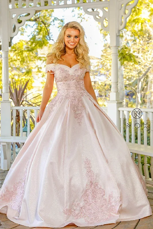cocktail dresses with tiered skirts for playful movement --Lace Applique Off Shoulder Ball Gown by Nox Anabel U802