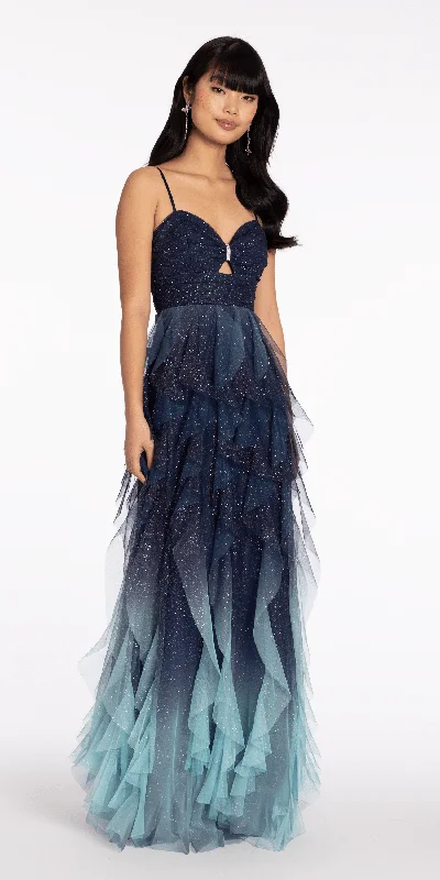 formal dresses with mesh panels for modern style --Ombre Glitter Peek a Boo Mesh A Line Dress with Tendrils