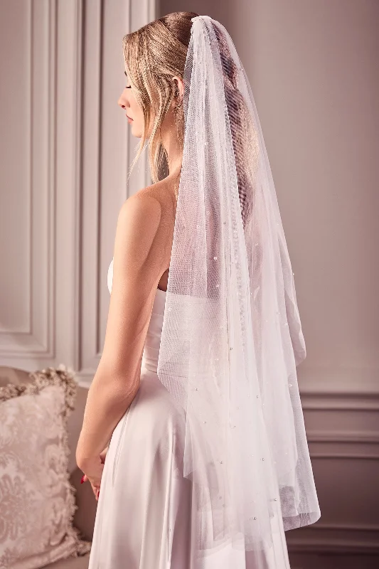 Wedding guest dresses in feminine floral prints -Pearl Drops Finger Tip Veil by Ladivine V006