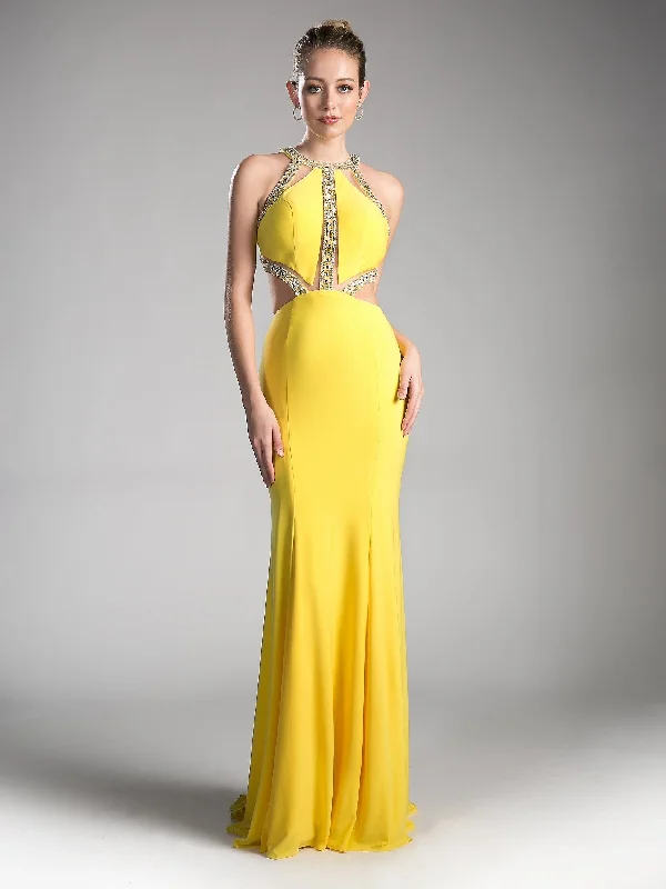 cocktail dresses with satin fabric for smooth texture --Long Fitted Dress with Cut Outs by Cinderella Divine 62139