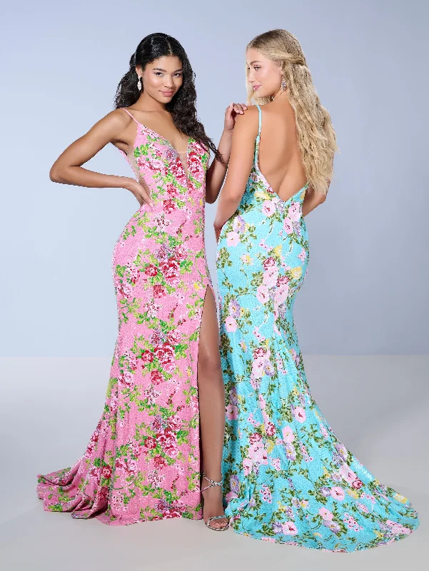 formal dresses with built-in bras for added support --Floral Print Sleeveless Slit Gown by Tiffany Designs 16155