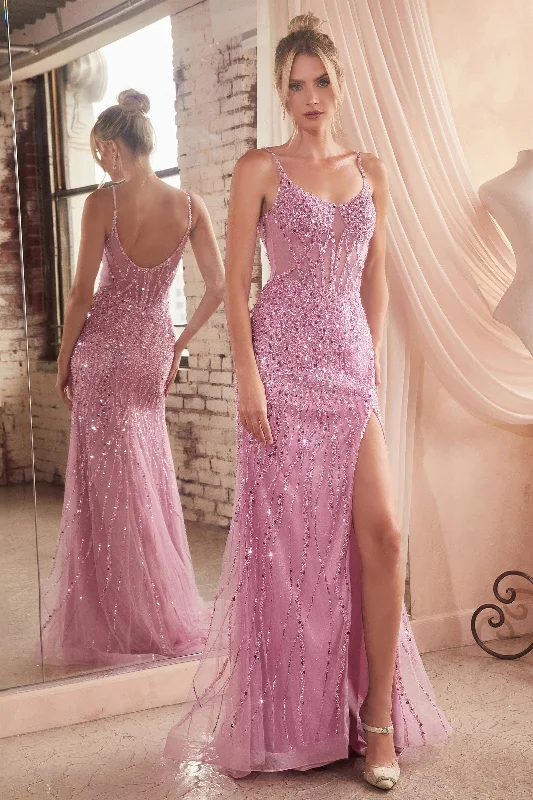 cocktail dresses with halter necks for formal dinners --Fitted Sequin Sheer Sleeveless Slit Gown by Ladivine CD0220