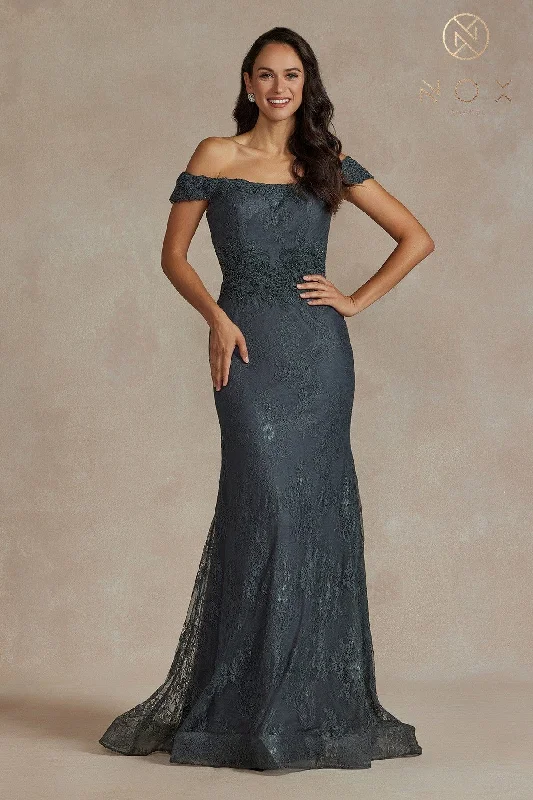 Wedding guest dresses with tulle for a whimsical touch -Fitted Off Shoulder Lace Gown by Nox Anabel JQ501 - Outlet