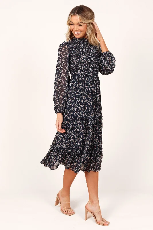 Spring dresses for formal dinners and events -Edwina Shirred Frill Long Sleeve Midi Dress - Navy Floral