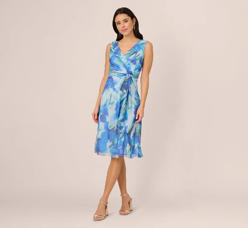 Wedding guest dresses with intricate beading for extra glamour -Sleeveless Draped Floral Chiffon Midi Sheath Dress In Blue Multi