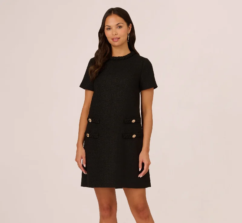 Long-sleeve spring dresses for outdoor gatherings -Tweed Sheath Dress With Short Sleeves In Black