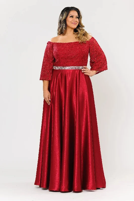 Wedding guest dresses for a modern and sleek look -Plus Size Long Off Shoulder Dress with Sleeves by Poly USA W1008