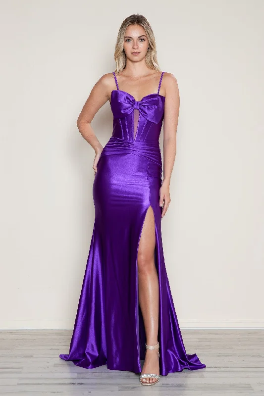 plus size cocktail dresses with long sleeves for winter parties --Satin Fitted Sleeveless Slit Gown by Poly USA 9644