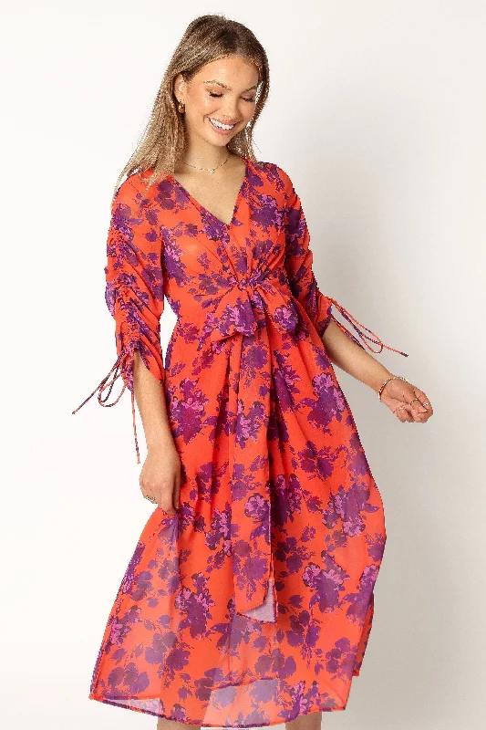 Bright-colored spring dresses for a bold statement -Hallie Midi Floral Dress - Red Wine