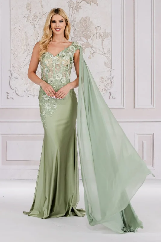 Chic white wedding guest dresses for summer events -3D Floral One Shoulder Cape Gown by Amelia Couture 388