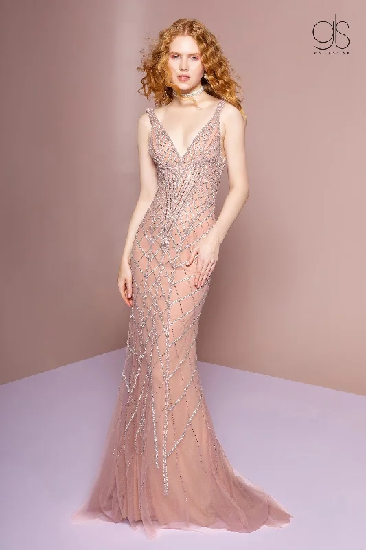 cocktail dresses with mesh sleeves for subtle coverage --Bead Embellished V-Neck Trumpet Dress by GLS Gloria GL2701