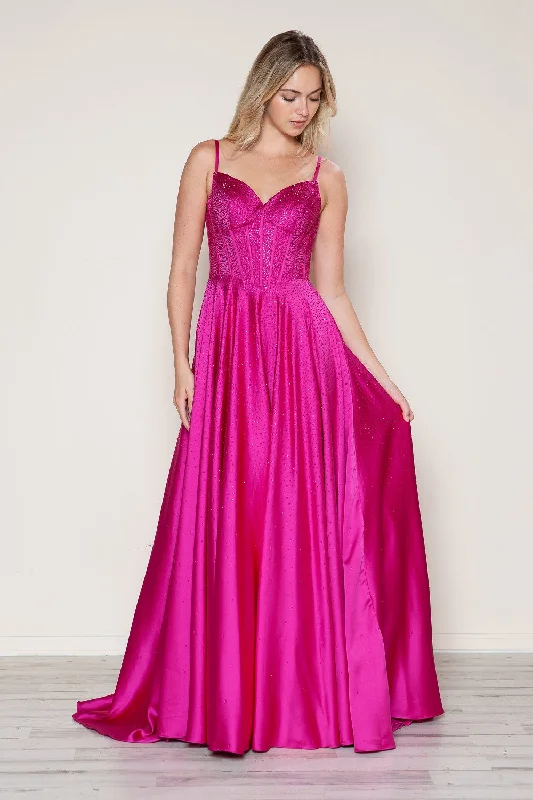 cocktail dresses with lace trims for delicate accents --Beaded Satin Sleeveless A-line Gown by Poly USA 9610