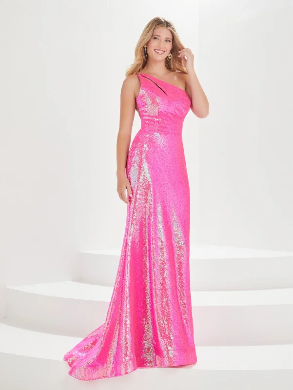 cocktail dresses with embroidered sleeves for elegance --Fitted Sequin One Shoulder Gown by Tiffany Designs 16006