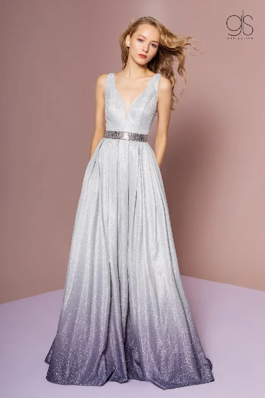 cocktail dresses with satin belts for waist definition --Long Ombre Glitter Dress with Sheer V-Neckline by Elizabeth K GL2678