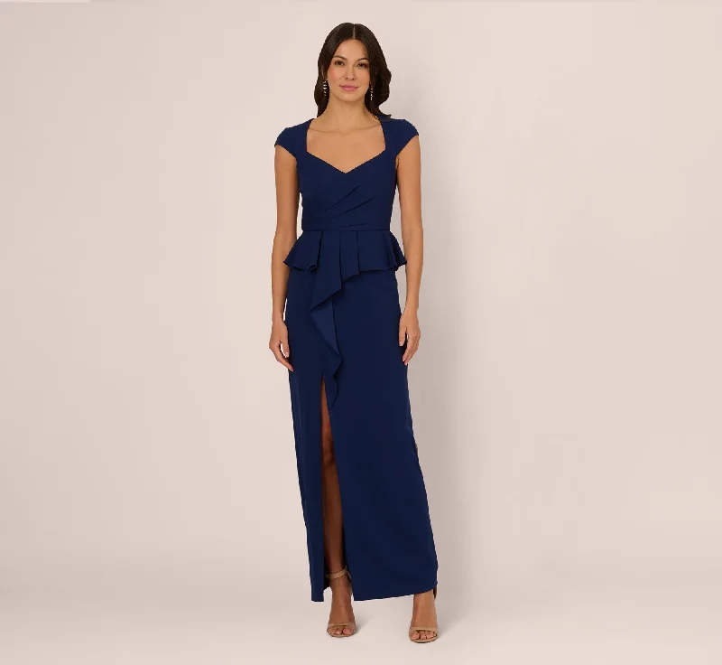 formal dresses with embroidered beadwork for luxury appeal --Cap Sleeve Draped Peplum Gown In Navy Sateen