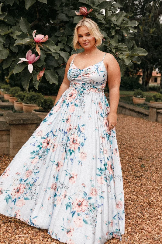 bridesmaid dresses with lace sleeves for classic elegance --Naira Pleated Maxi Dress - Blue Floral