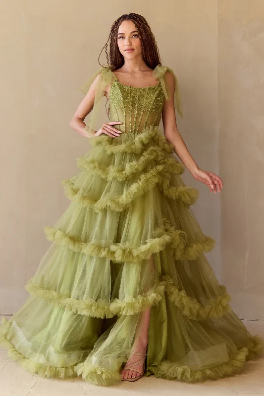 cocktail dresses with floral patterns for spring events --Sleeveless Ruffled Gown by Amelia Couture 8900-FY091124
