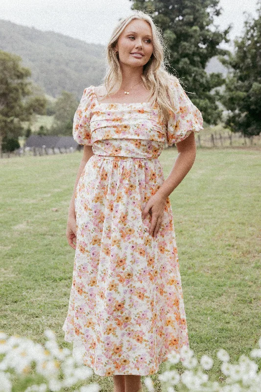 Spring dresses with empire waistlines for added comfort -Clo Puff Sleeve Midi Dress - Peach Floral Spring dresses with empire waistlines for added comfort -Clo Puff Sleeve Midi Dress - Peach Floral