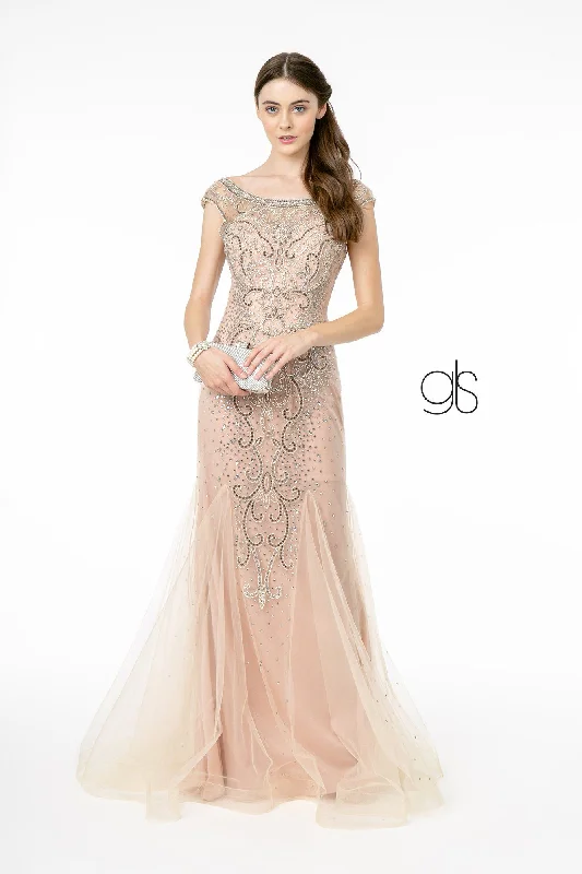 cocktail dresses with tiered skirts for playful movement --Embellished Mermaid Gown with Corset Back by Elizabeth K GL2945