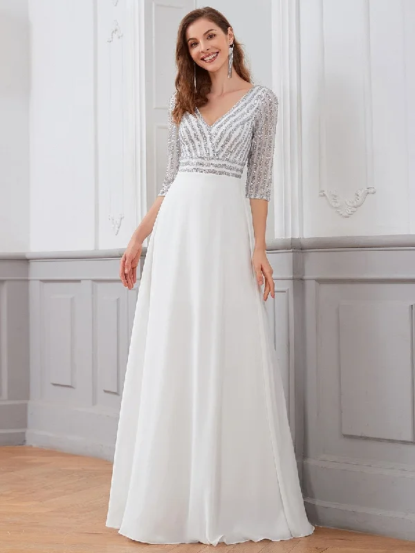 formal dresses with mesh sleeves for subtle coverage --Sexy V Neck A-Line Sequin Wholesale Evening Dresses With 3/4 Sleeve