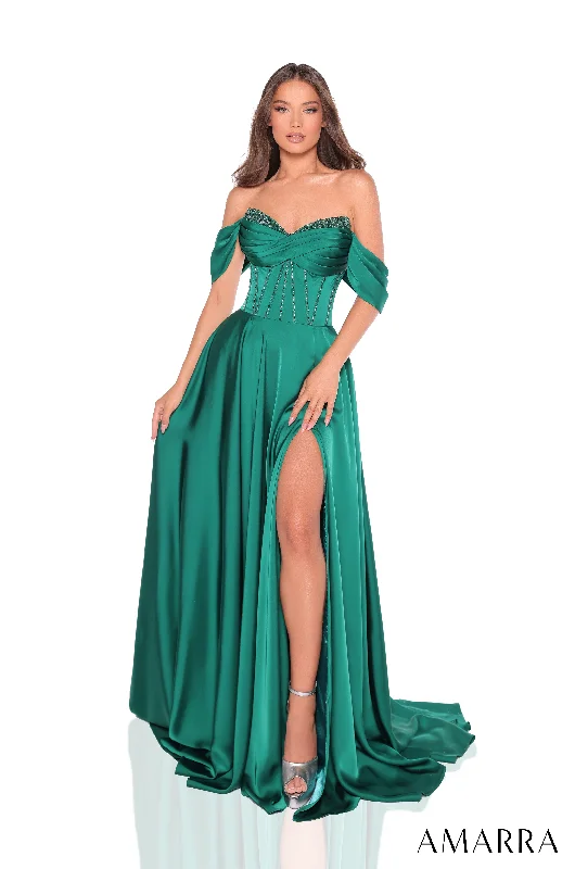 formal dresses with pleated skirts for graceful movement --Satin Off Shoulder A-line Slit Gown by Amarra 88367