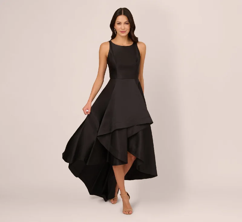 formal dresses with open backs and crisscross straps --High Low Mikado Gown With Asymmetrical Detail In Black