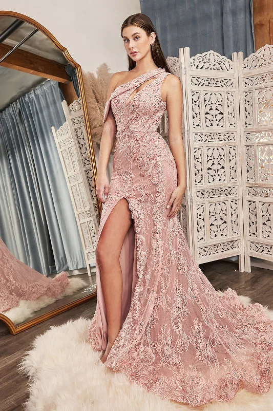 cocktail dresses with satin finish for luxurious look --One Shoulder Lace Gown by Cinderella Divine CD973