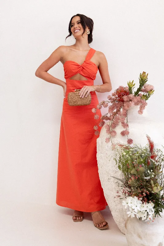 Wedding guest dresses in timeless black for every season -Luna One Shoulder Maxi Dress - Tangerine