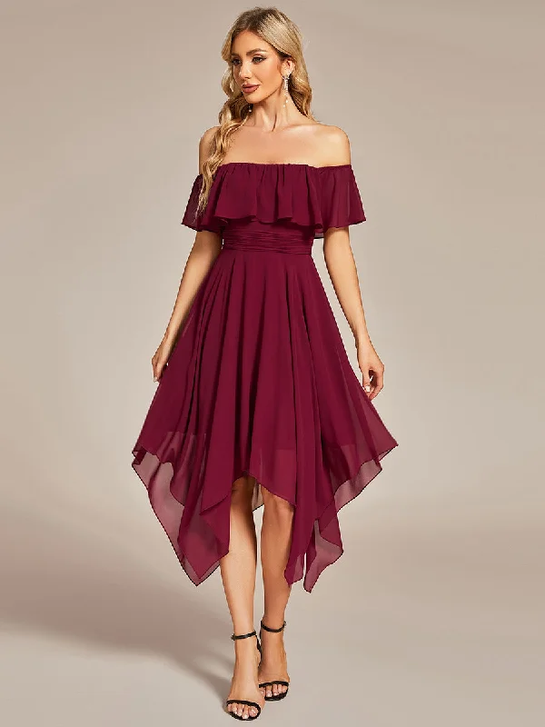 Simple dresses for intimate birthday parties -Off Shoulder Asymmetrical Hem Wholesale Chiffon Bridesmaid Dresses