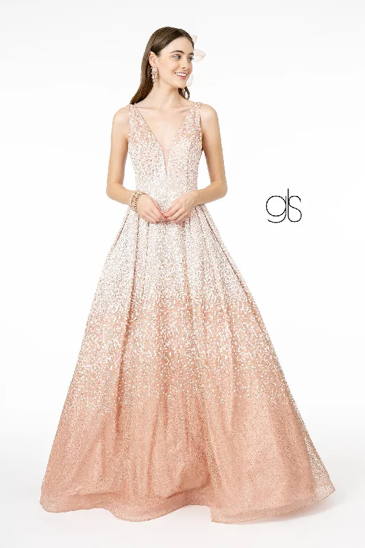 cocktail dresses with wrap skirts for adjustable fit --Glitter Tulle Long Illusion V-Neck Dress by Elizabeth K GL2908