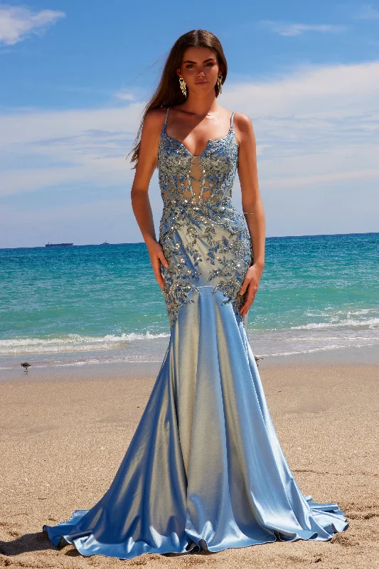 cocktail dresses with ruched sides for slimming effect --Applique Satin V-Neck Gown by Nox Anabel E1532