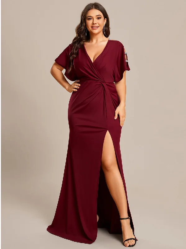 formal dresses with satin fabric for smooth texture --Plus Deep V Neck High Split Pleated Wholesale Evening Dresses