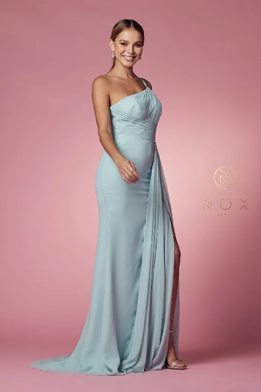 bridesmaid dresses with tiered skirts for volume --Ruched Long One Shoulder Dress by Nox Anabel E1005