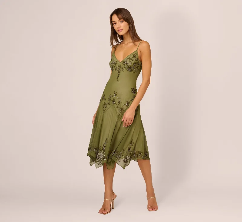 Beautiful wedding guest dresses for winter celebrations -Vintage Beaded Midi Fairy Dress With Sharkbite Hem In Olive