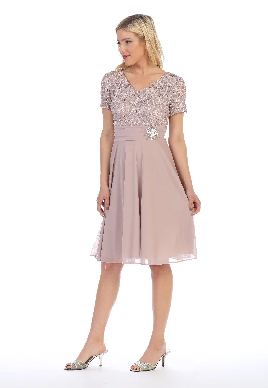 Graduation dresses with cap sleeves for added elegance -Short Knee Length Dress with Short Sleeve Lace Bodice by Celavie 6320-S