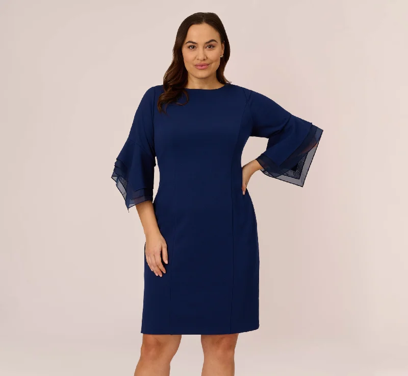 Spring dresses for evening parties with chic vibes -Plus Size Knit Crepe Sheath Dress With Tiered Three Quarter Sleeves In Navy Sateen