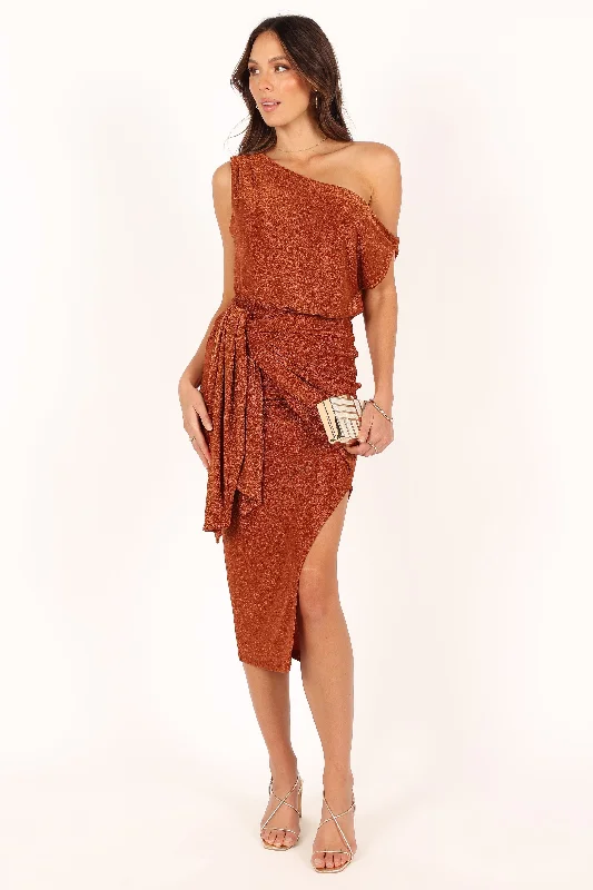 cocktail dresses with floral patterns for spring events --Santiago Off Shoulder Midi Dress - Bronze