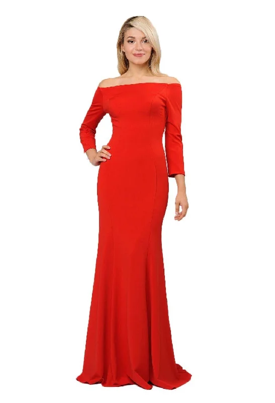 bridesmaid dresses with sequins for glamorous receptions --Off the Shoulder Gown with Long Sleeves by Poly USA 8378