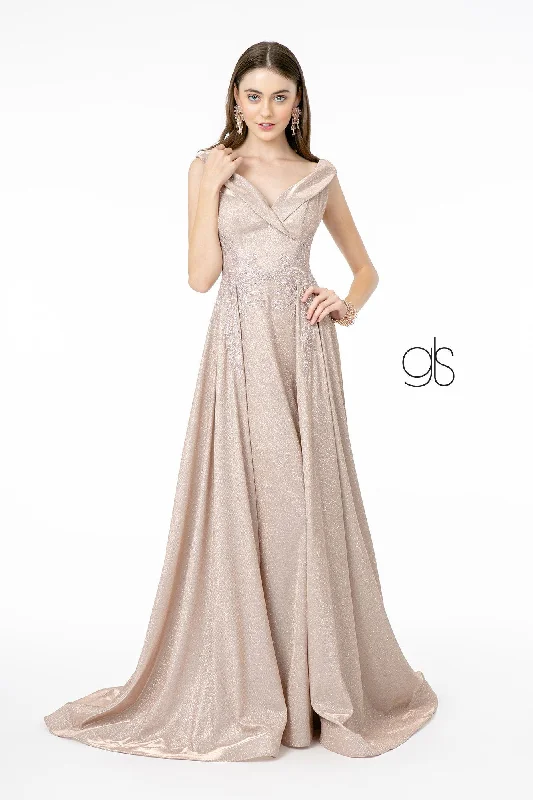 Wedding guest dresses with asymmetrical necklines for modern elegance -Long Cap Sleeve Metallic Dress by Elizabeth K GL1817