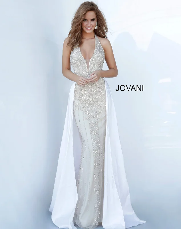 formal dresses with pockets for convenience and style --Beaded Halter Overskirt Gown by Jovani 3698