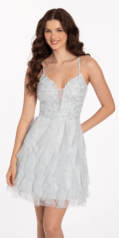 formal dresses with built-in bras for added support --Plunging Glitter Cascade Fit and Flare Dress with Lace Bodice