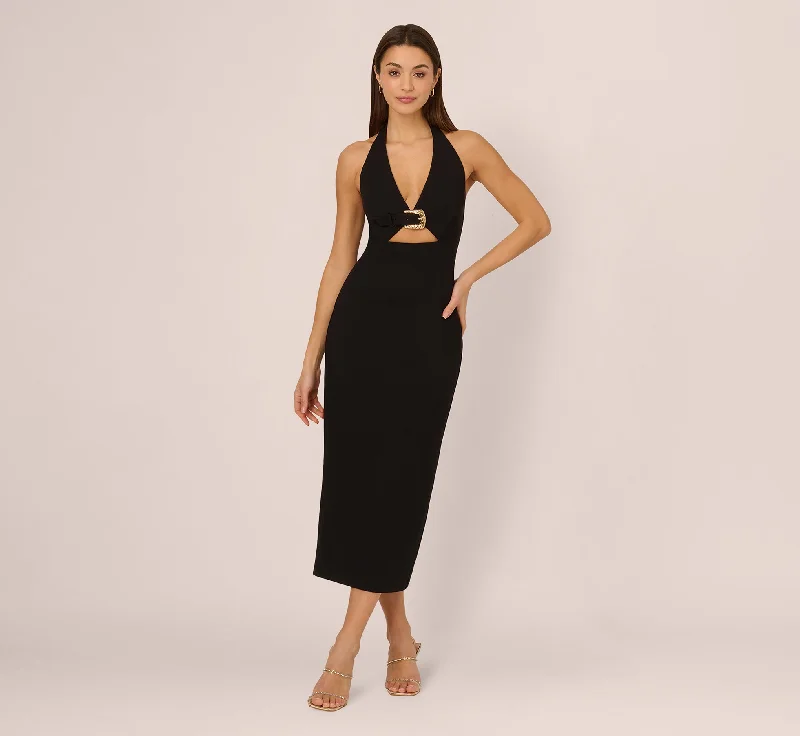 Wedding guest dresses with a flattering fit-and-flare design -Halter Buckle Detail Midi Dress In Black