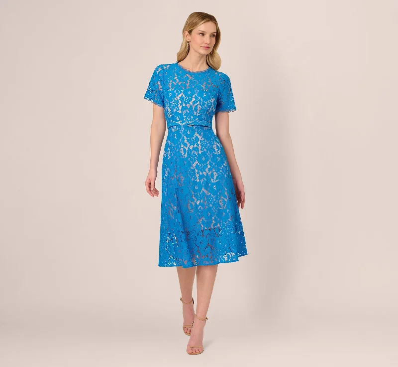 Simple yet elegant spring dresses for an effortless look -Short Sleeve Belted Lace Midi Dress In Blue Wave