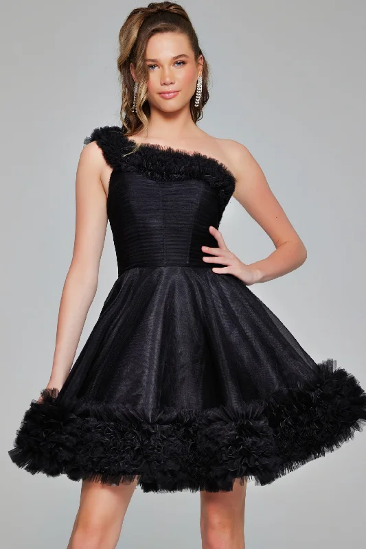 Chic silk party dresses for formal dinners -Tulle Short One Shoulder A-line Dress by Jovani 39665