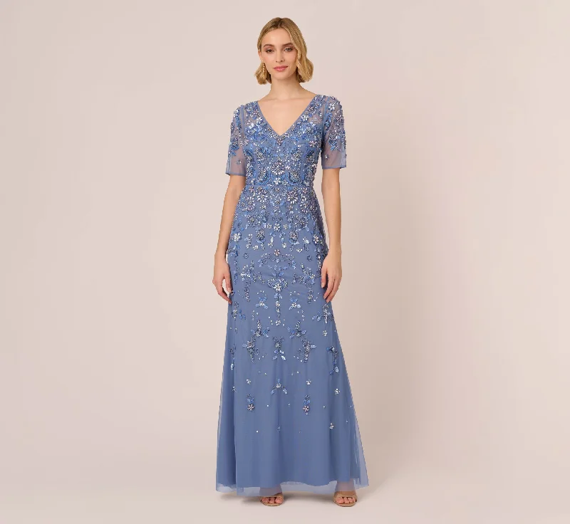 formal dresses for bridesmaids in matching pastel colors --3D Floral Beaded Mermaid Gown With Sheer Short Sleeves In French Blue