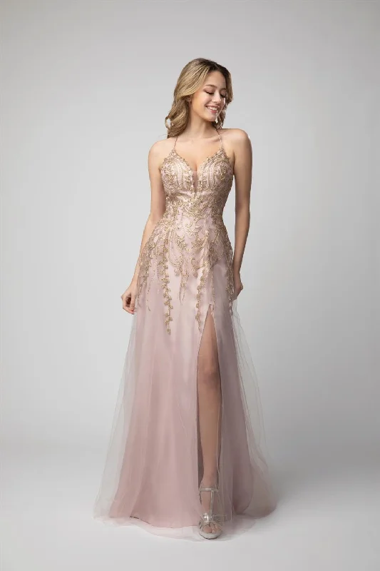 sleeveless cocktail dresses in satin fabric for summer nights --Embroidered Lace-Up Back A-line Slit Gown by Juno 0936